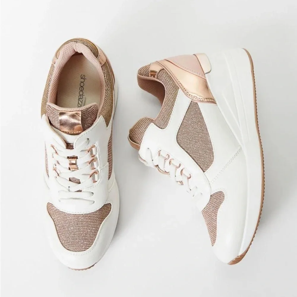•Trinity• Stylish Women's White, Blush, & Rose Gold Wedge Sneakers - Picture 3 of 3